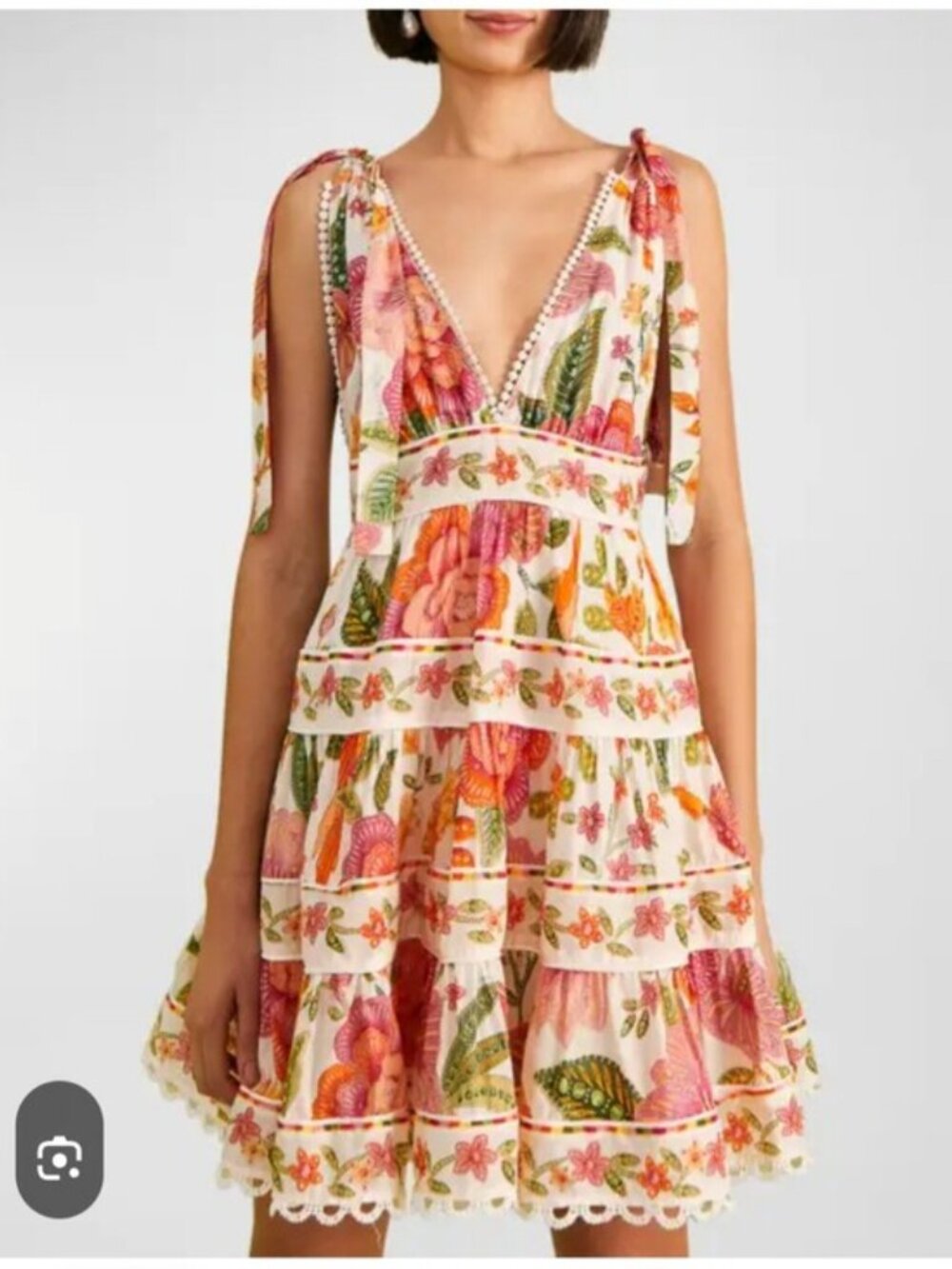 Farm Rio Macaw Bloom Tie Shoulder Mini Dress Medium Ruffle Botanical Floral